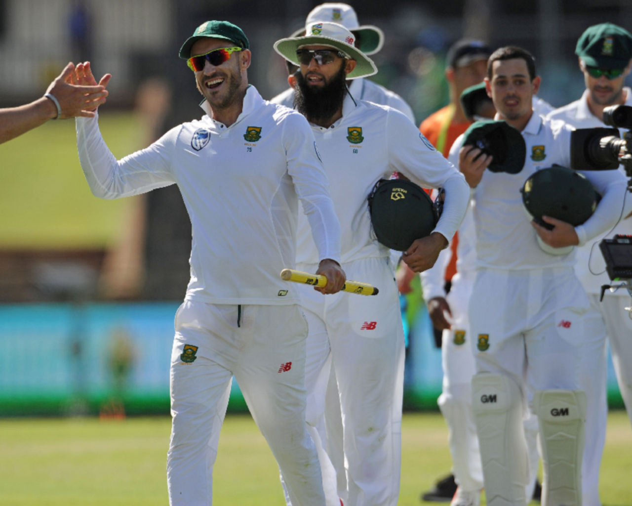 An ecstatic Faf du Plessis leads his victorious team off the field, Australia v South Africa, 1st Test, Perth, 5th day, November 7, 2016