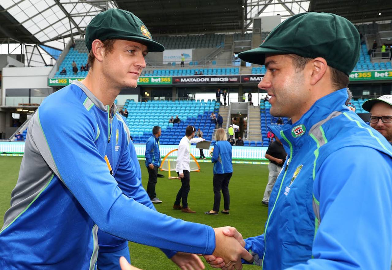 Australia's debutants Joe Mennie and Callum Ferguson shake hands, Australia v South Africa, 2nd Test, Hobart, 1st day, November 12, 2016