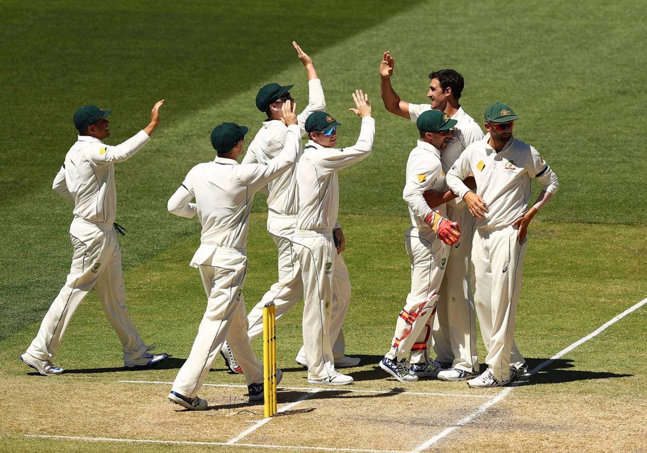 Mitchell Starc is high-fived after having Vernon Philander lbw, Australia v South Africa, 3rd Test, Adelaide, 4th day, November 27, 2016