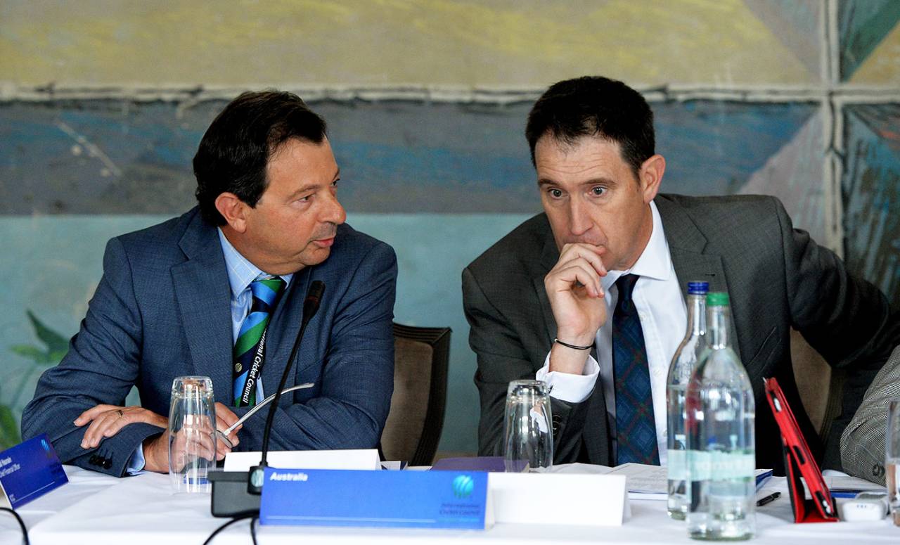 Cricket Australia chairman David Peever (left) and chief executive James Sutherland at the ICC annual conference, Edinburgh, June 30, 2016