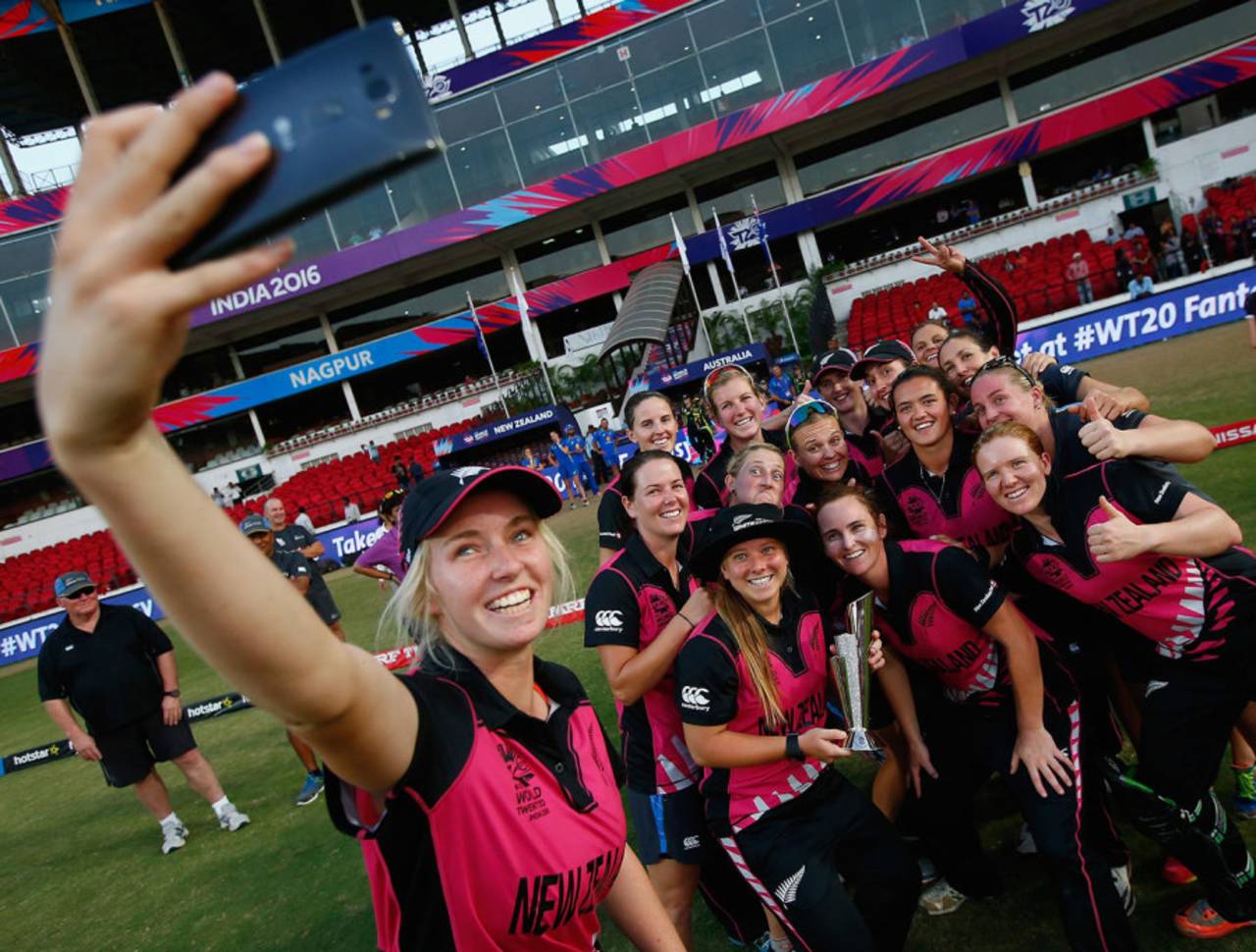 Leigh Kasperek (holding the trophy) poses for a selfie with her team-mates, Australia v New Zealand, Women's World T20 2016, Group A, Nagpur, March 21, 2016
