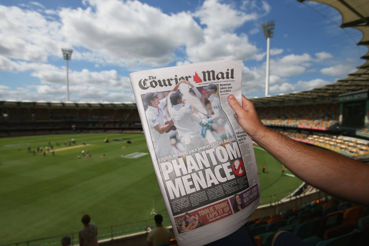 A headline in the <i>Courier Mail</i> refuses to mention Stuart Broad's name,  after the newspaper "banned" him for not walking, Australia v England, first Test, day two, Brisbane, November 22, 2013