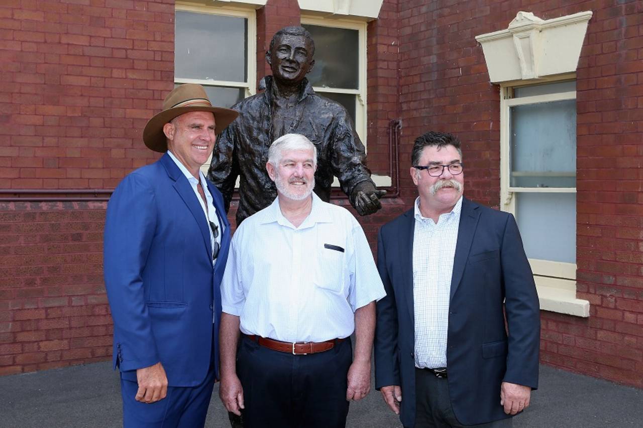 Matthew Hayden, Ken Wilson (nephew of Betty Wilson) and David Boon at the announcement of the 2017 Australian Cricket Hall of Fame inductees, Sydney, January 22, 2017