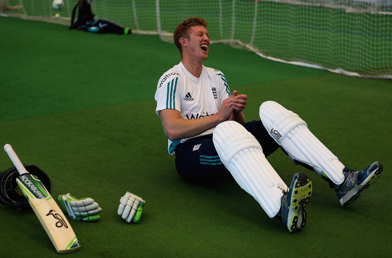 Keaton Jennings laughs during a nets session at Loughborough, January 25, 2017