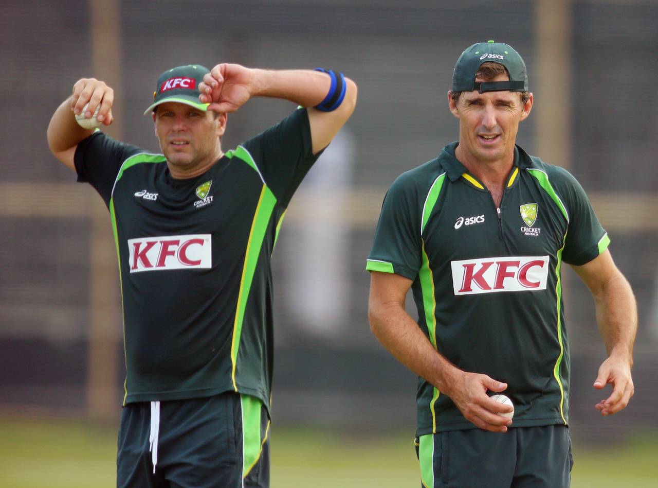 Brad Hodge and Brad Hogg at a training session ahead of the match, Australia v West Indies, World T20, Dhaka, March 26, 2014