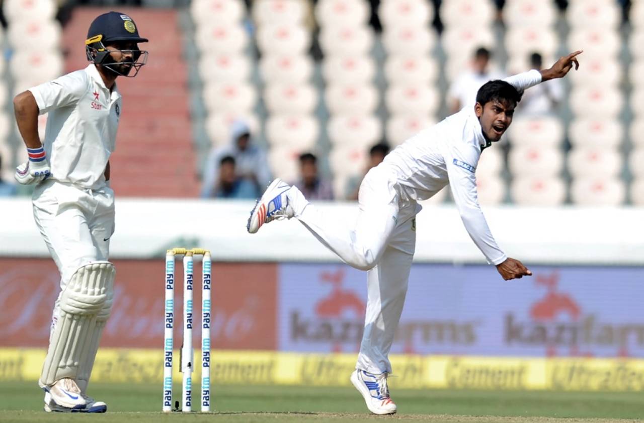 Even on a placid first-day pitch, Mehedi Hasan kept India's batsmen wary with his line and subtle variations&nbsp;&nbsp;&bull;&nbsp;&nbsp;AFP