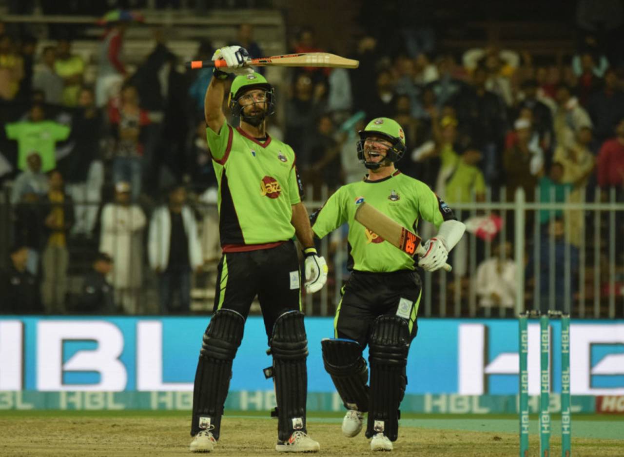 Grant Elliott's "bat drop" celebration after his six gave Lahore Qalandars a one-wicket win in the final over,  Islamabad United v Lahore Qalandars, PSL, February 20, 2017