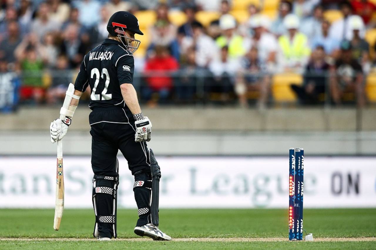 Kane Williamson looks at his broken stumps, New Zealand v South Africa, 3rd ODI, Wellington, February 25, 2017