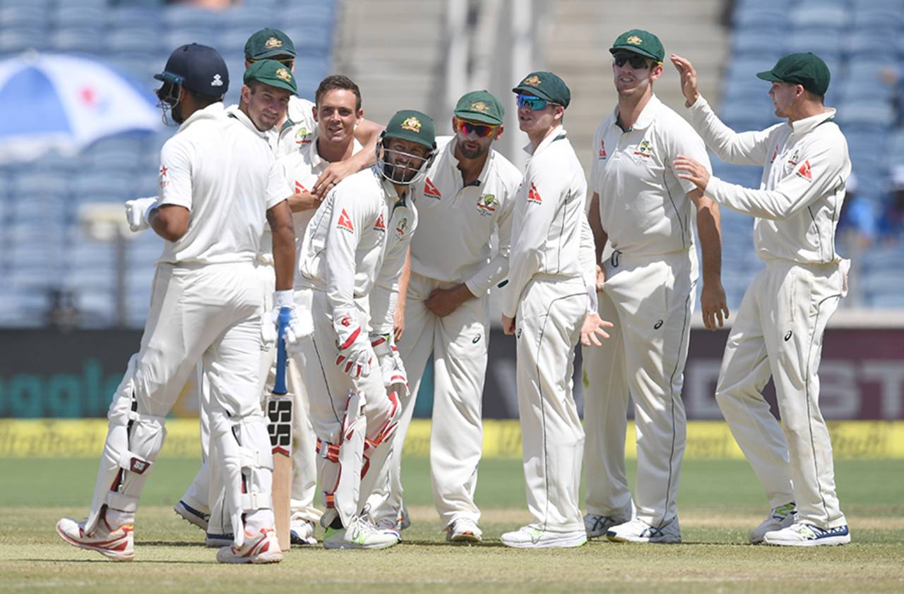 Australia wait on a review of M Vijay's lbw dismissal, India v Australia, 1st Test, Pune, 3rd day, February 25, 2017