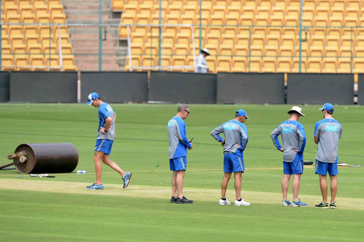 The Australian team take a look at the pitch ahead of the game, India v Australia, 2nd Test, Bengaluru, March 3, 2017
