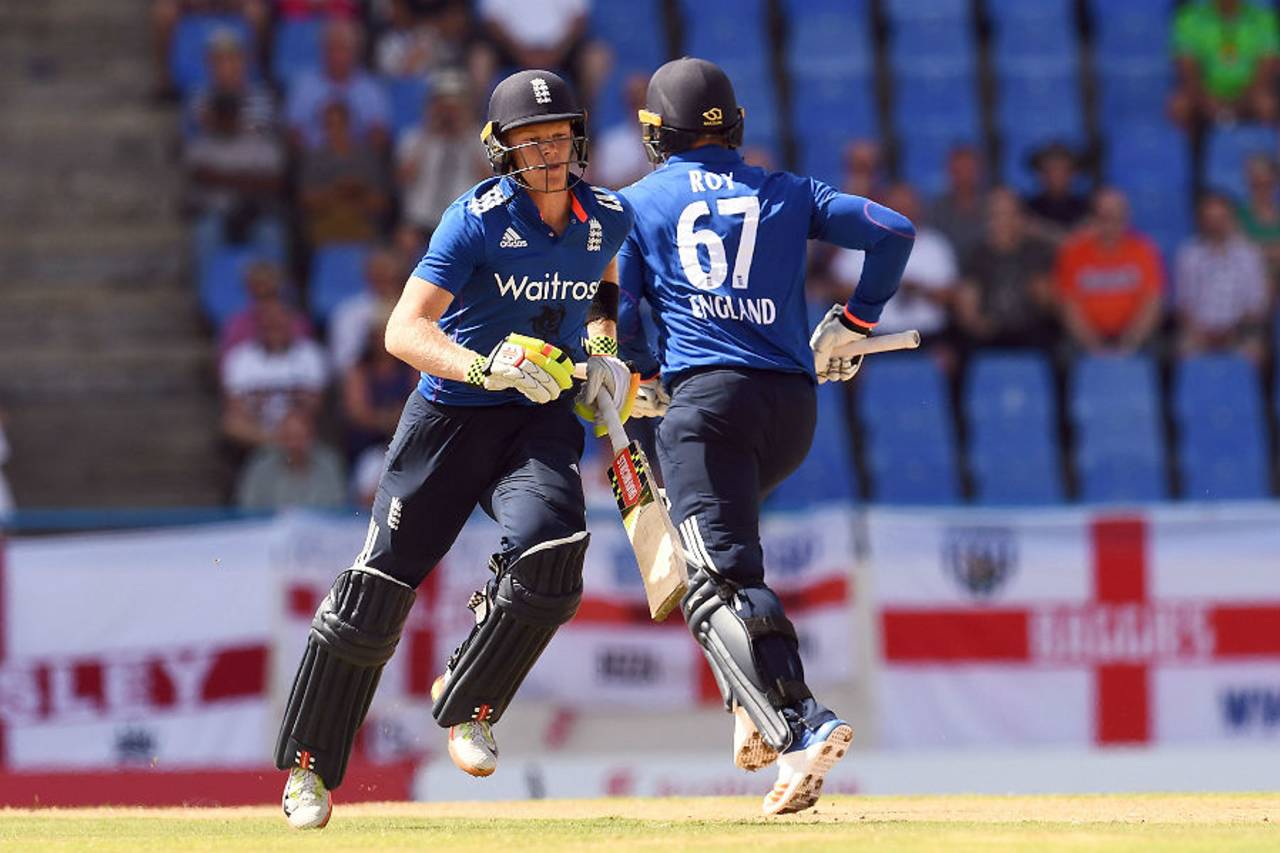 Sam Billings and Jason Roy run between the wickets, West Indies v England, Antigua, March 3, 2017