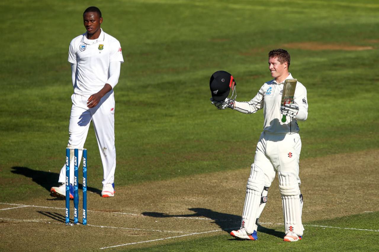 Henry Nicholls is a pleased man after recording his maiden Test ton, New Zealand v South Africa, 2nd Test, Wellington, 1st day, March 16, 2017