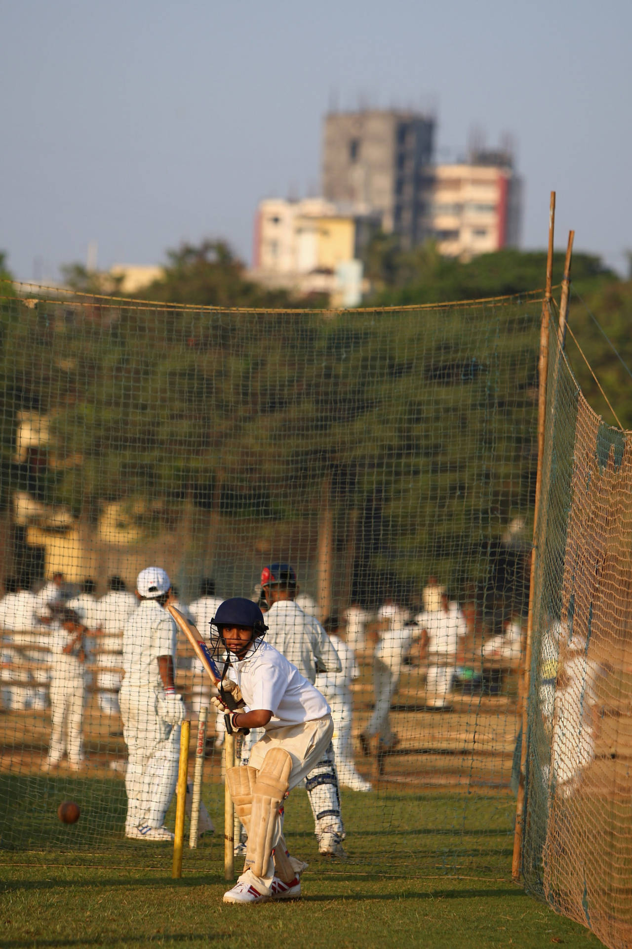 A young cricketer hits the nets at Shivaji Park