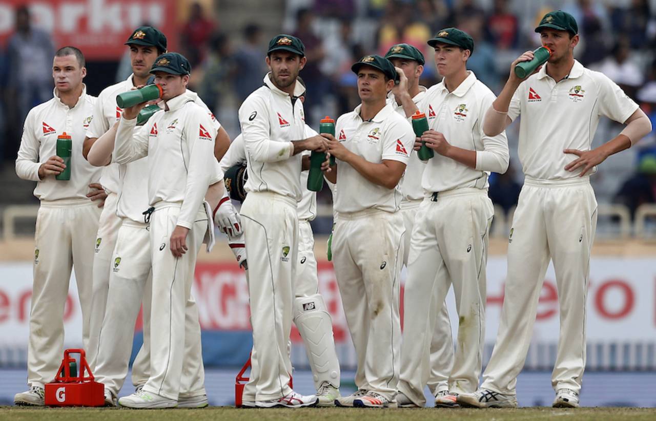 The Australian team watches a replay on the big screen, India v Australia, 3rd Test, Ranchi, 4th day, March 19, 2017