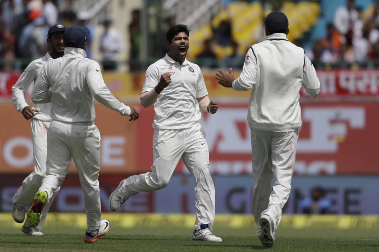 India's players get together to celebrate a wicket, India v Australia, 4th Test, Dharamsala, 1st day, March 25, 2017