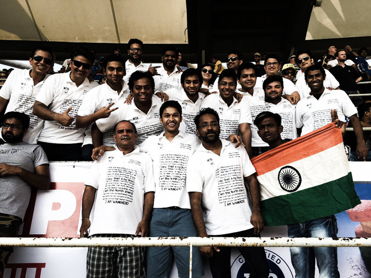 The North Stand Gang with their custom-made T-shirts (Sabarish Gopalakrishnan, middle row, extreme right)&nbsp;&nbsp;&bull;&nbsp;&nbsp;North Stand Gang