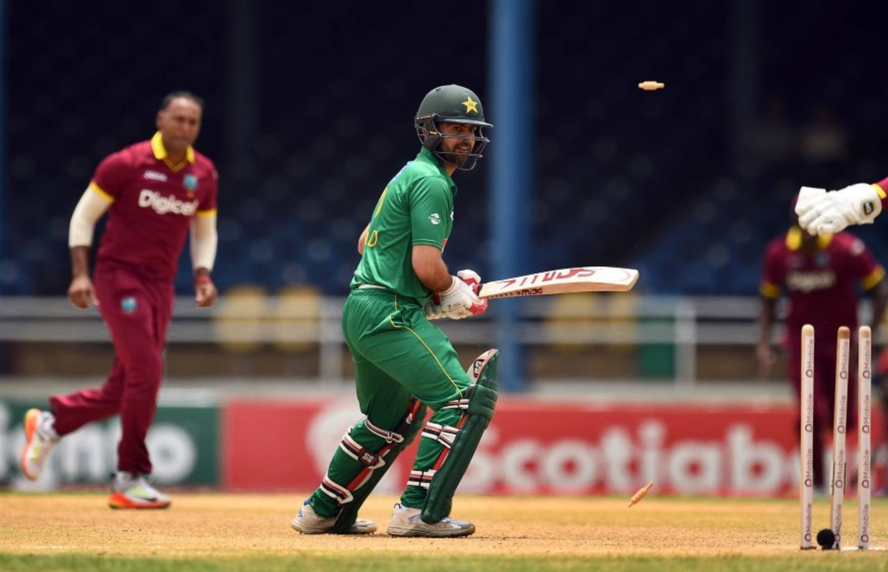 Ahmed Shehzad is bowled by Samuel Badree, West Indies v Pakistan, 3rd T20I, Port of Spain, April 1, 2017