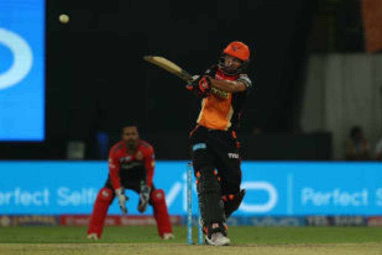 Yuvraj Singh muscles the ball over deep midwicket, Sunrisers Hyderabad v Royal Challengers Bangalore, IPL, Hyderabad, April 5, 2017