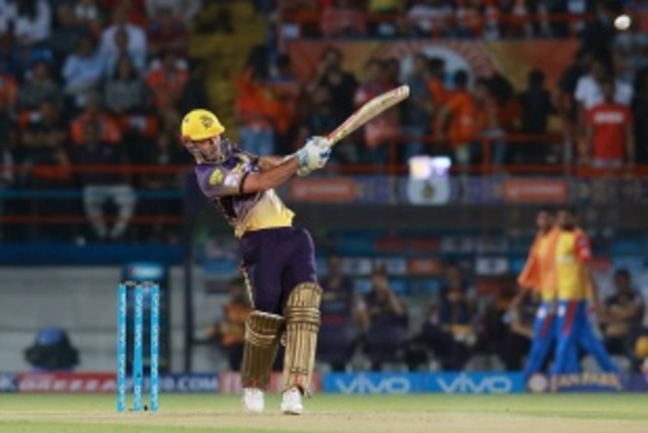 Chris Lynn dispatches a short-pitched delivery for a six, Gujarat Lions v Kolkata Knight Riders, IPL 2017, Rajkot, April 7, 2017