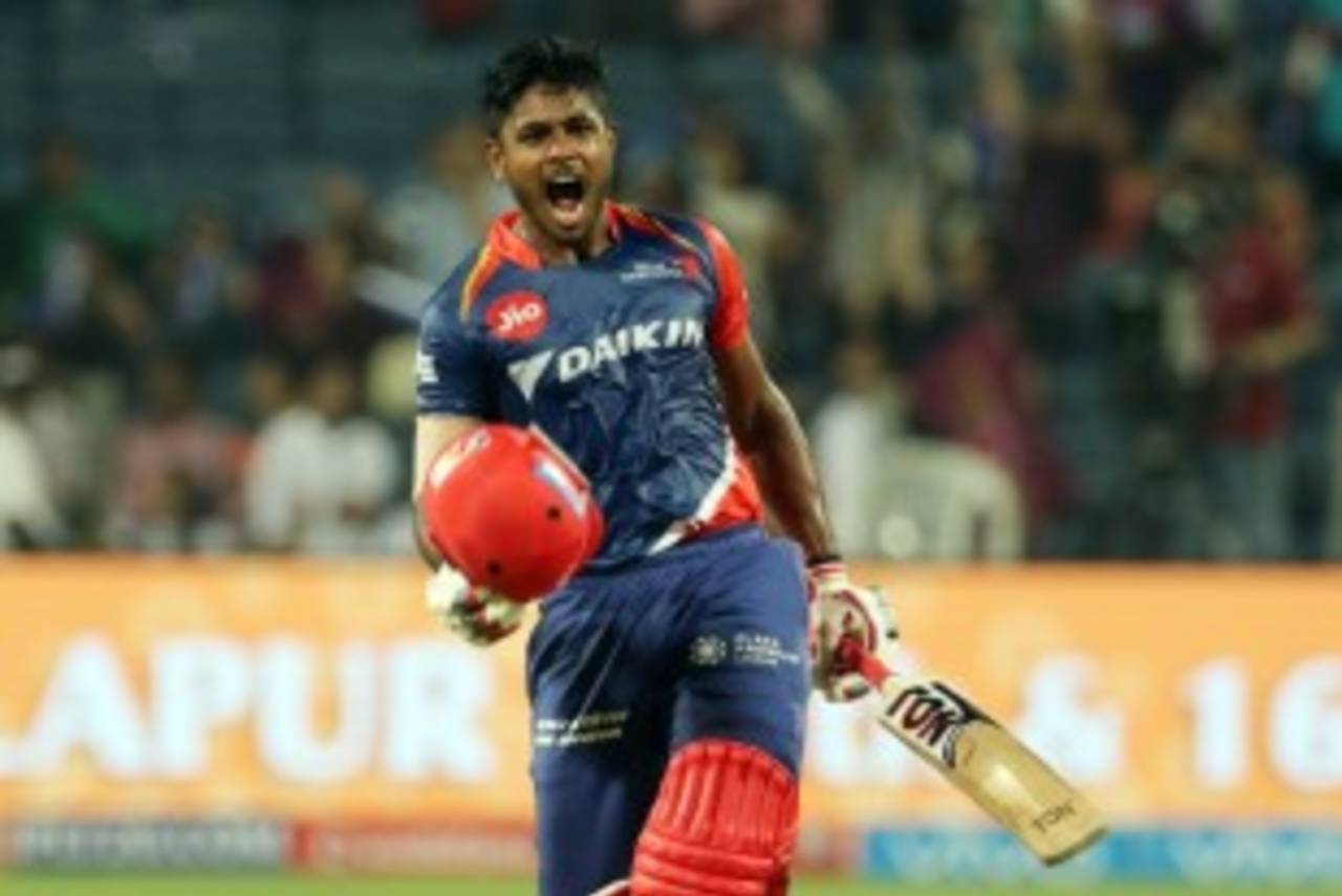 Sanju Samson celebrates his maiden T20 century, Rising Pune Supergiant v Delhi Daredevils, IPL 2017, Pune, April 11, 2017