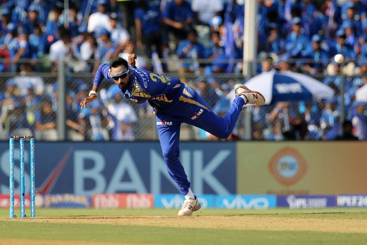 Krunal Pandya rolls his arm over during the powerplay, Mumbai Indians v Gujarat Lions, IPL 2017, Mumbai, April 16, 2017