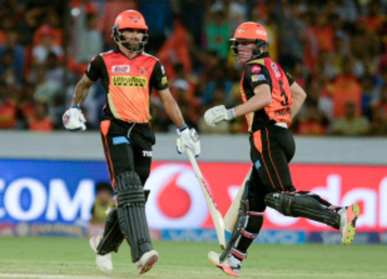 Shikhar Dhawan and Moises Henriques added 91 runs for the second wicket, Sunrisers Hyderabad v Mumbai Indians, IPL 2017, Hyderabad, May 8, 2017