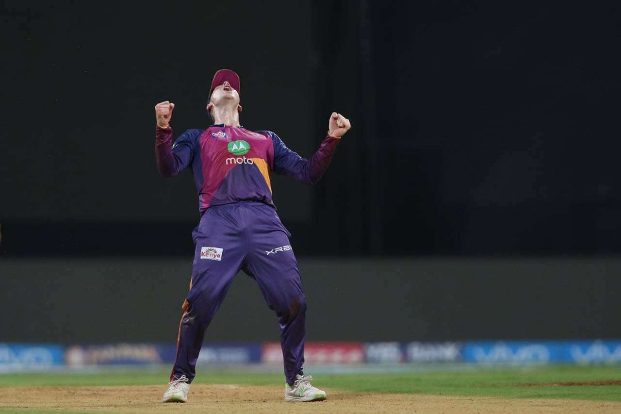 Steven Smith lets it all out after taking a low catch to account for Kieron Pollard, Mumbai Indians v Rising Pune Supergiant, Qualifier 1, IPL, Mumbai, May 16, 201