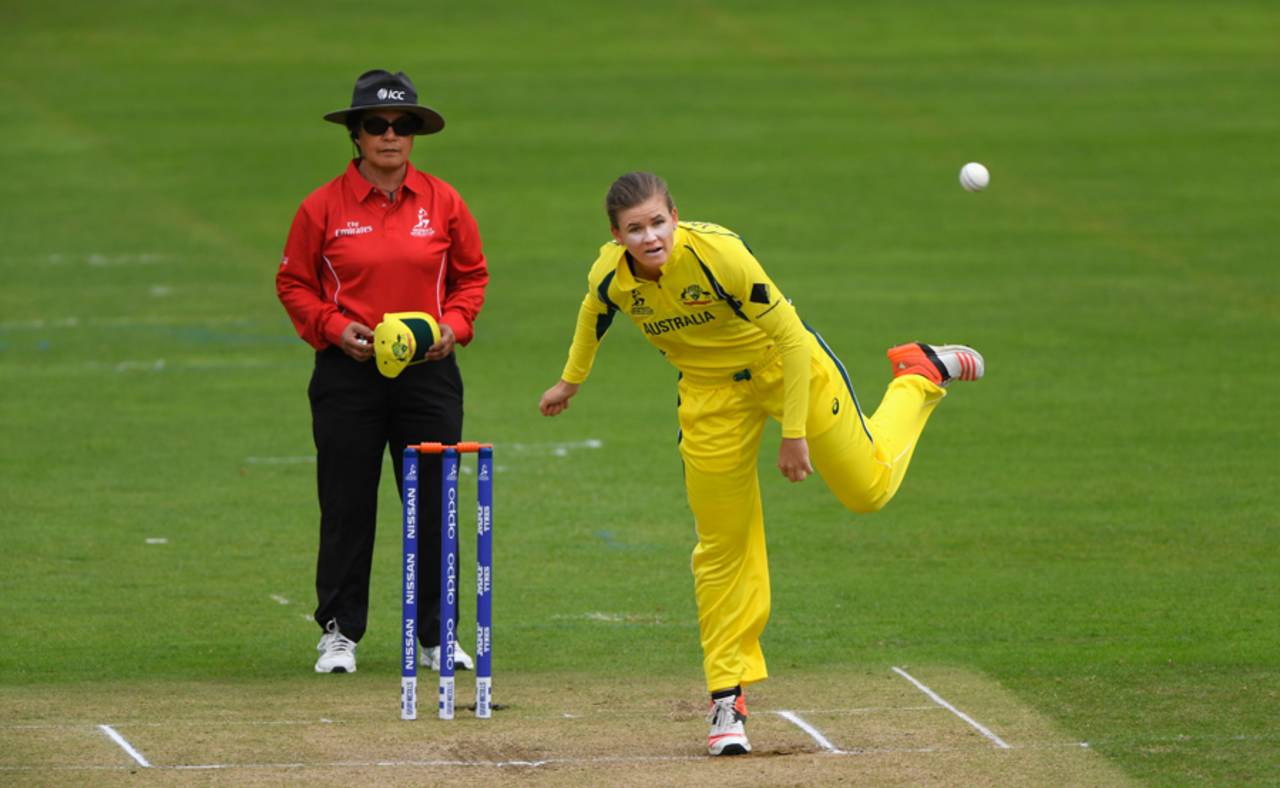 Jess Jonassen in her follow through, West Indies v Australia, Women's World Cup, Taunton, June 26, 2017