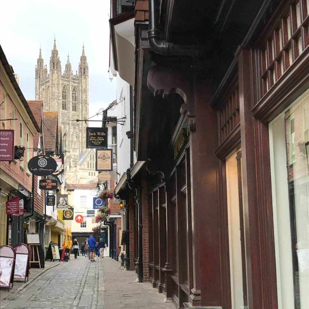 A street in Canterbury, with the cathedral in the background, June 2017