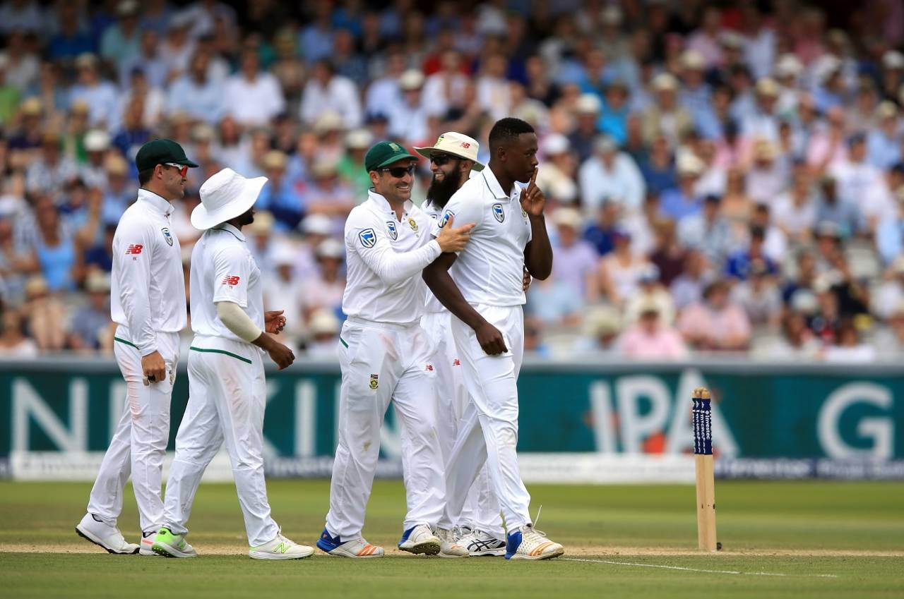 Kagiso Rabada (KG) makes sure his celebration is PG, England v South Africa, 1st Investec Test, Lord's, 4th day, July 9, 2017