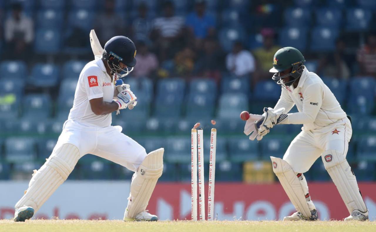 Dimuth Karunaratne was bowled by a big turner from Sean Williams, Sri Lanka v Zimbabwe, only Test, 4th day, Colombo, July 17, 2017