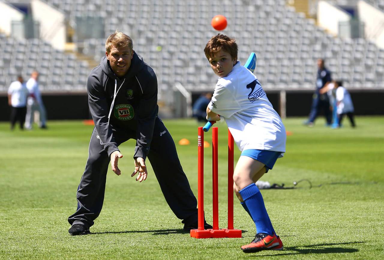 David Warner plays with kids from local schools as part of the Chance to Shine programme, Birmingham, June 6, 2013