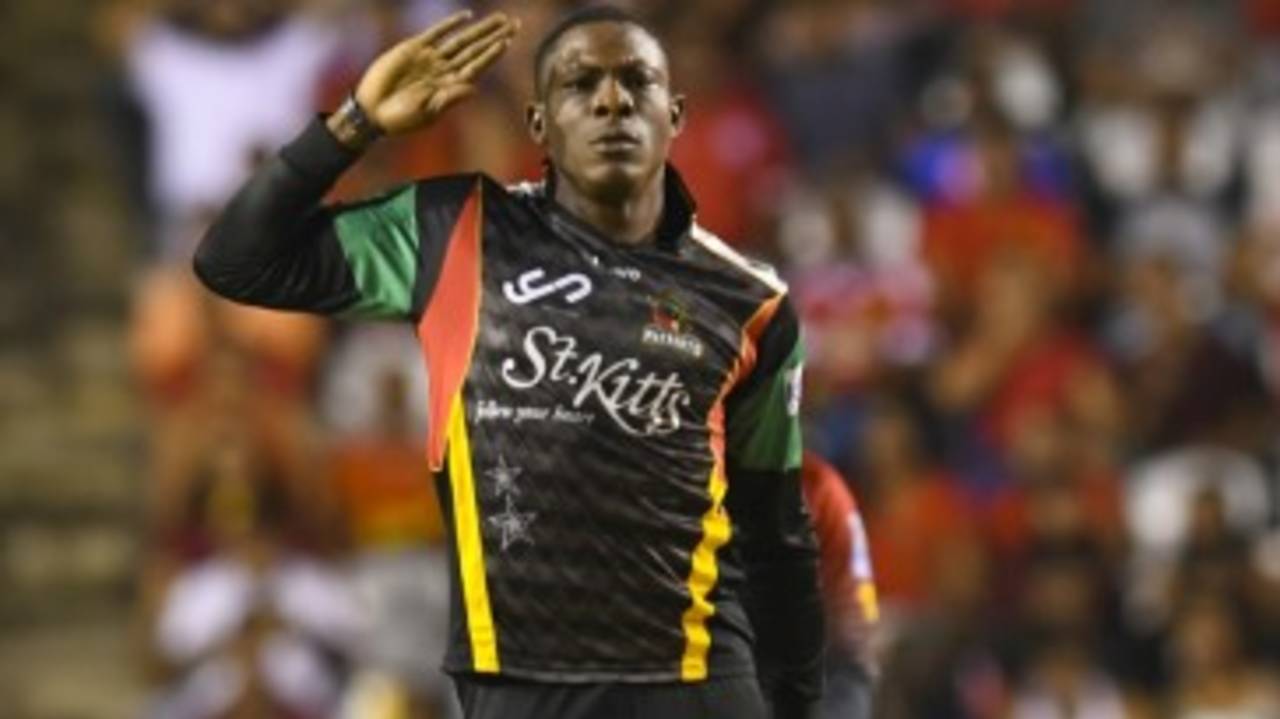 Sheldon Cottrell brings out his trademark salute, Trinbago Knight Riders v St Kitts and Nevis Patriots, CPL 2017, final, Tarouba, September 9, 2017