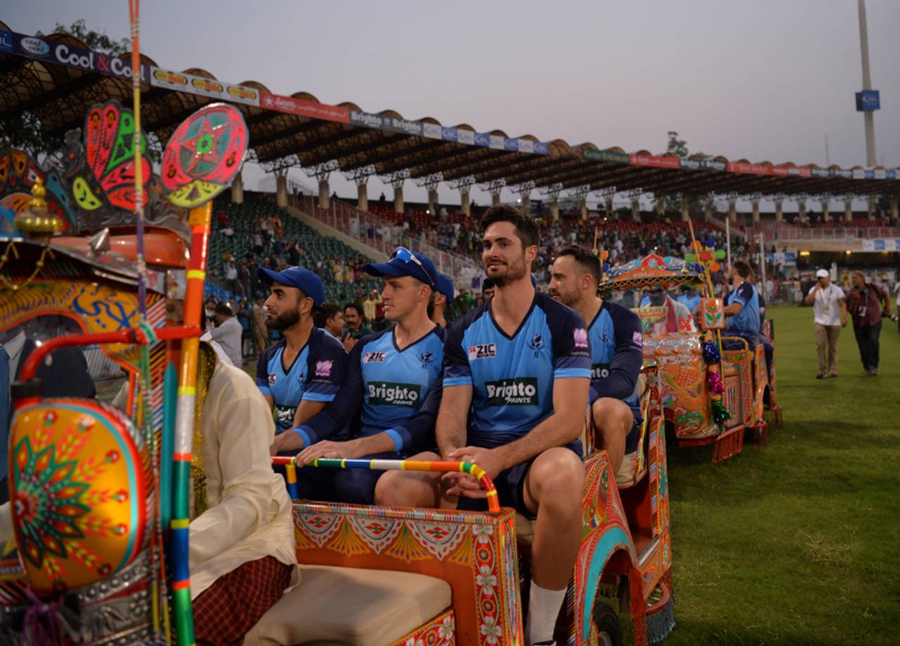 The World XI team players were paraded around the ground in colourful auto-rickshaws, Pakistan v World XI, 1st T20I, Independence Cup 2017, Lahore, September 12, 2017