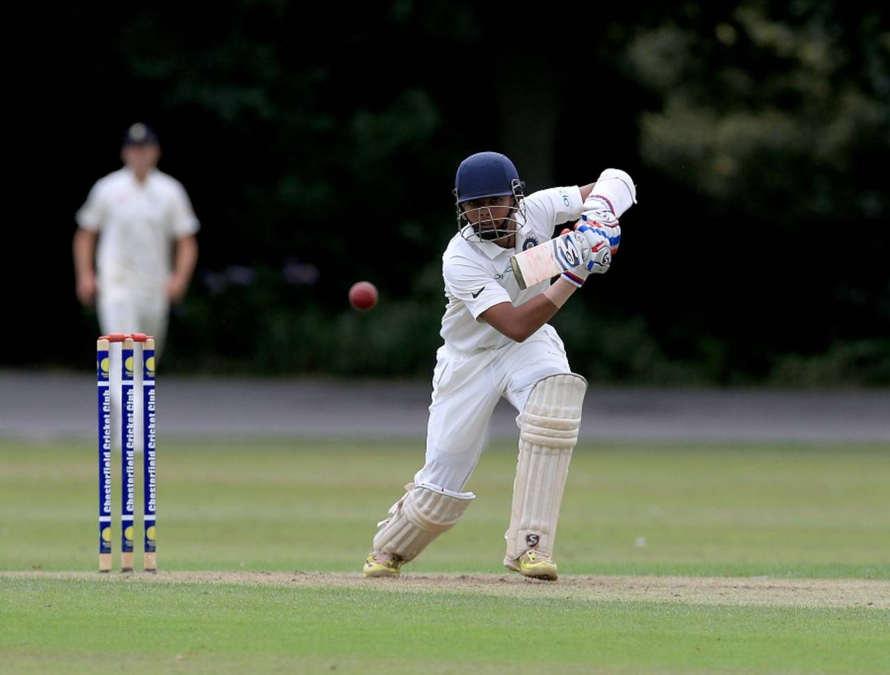 Prithvi Shaw drives the ball down the ground, England U19 v India U19, Worcester, August 2, 2017