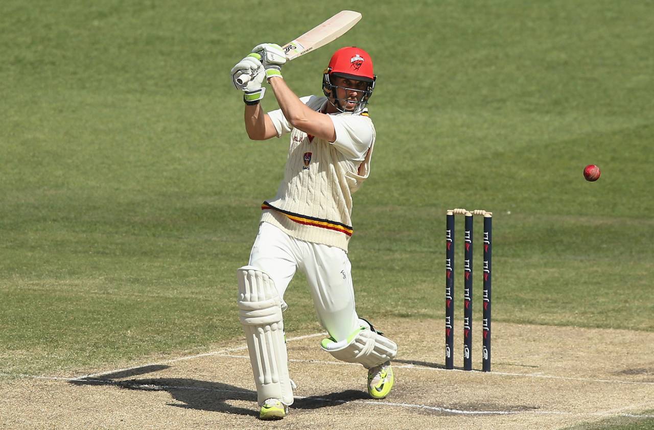 Jake Lehmann steers the ball to the off side, Victoria v South Australia, Sheffield Shield 2017-18, 3rd day, Melbourne, November 6, 2017