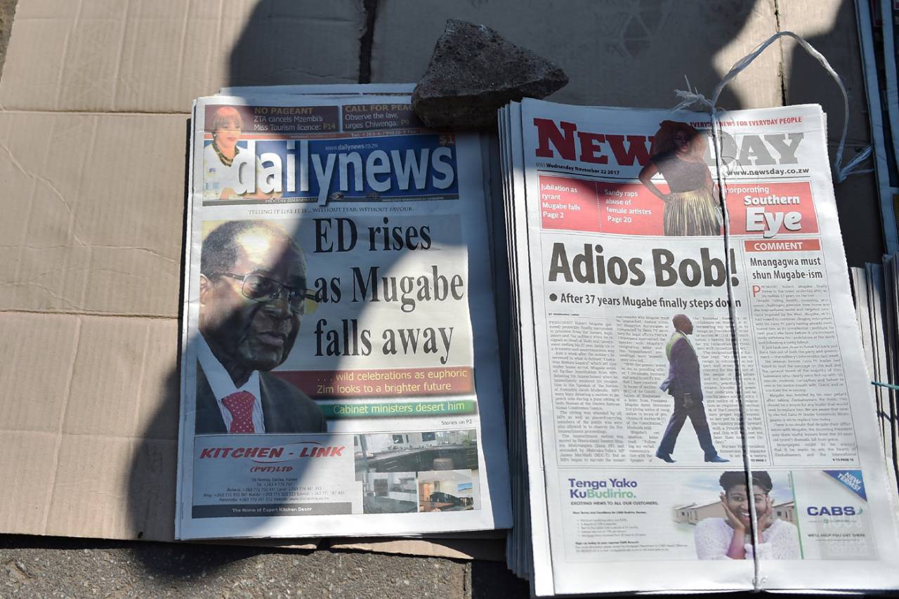 The news of Robert Mugabe's resignation as Zimbabwe president in the country's papers, Harare, November 22, 2017