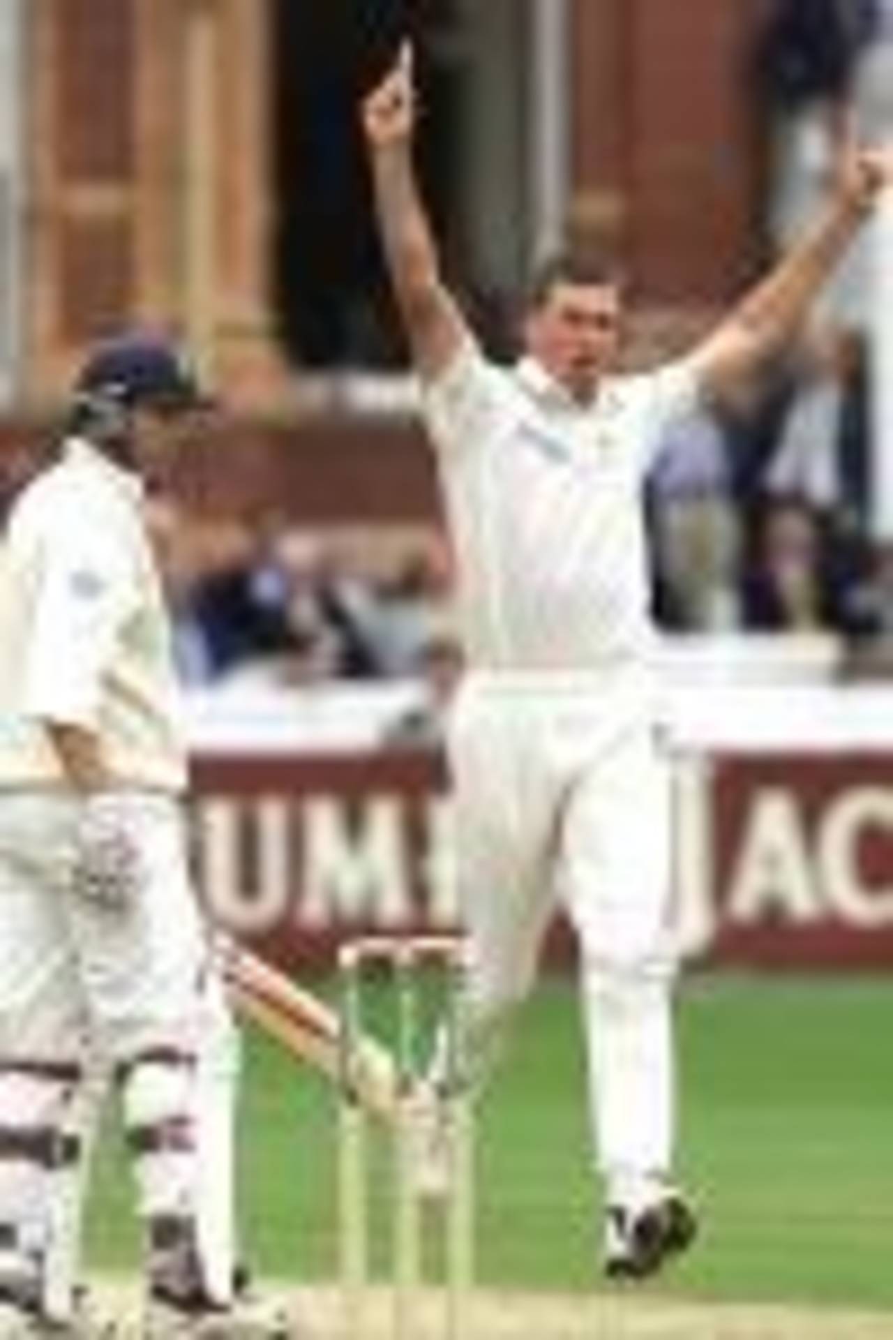 19 Jul 2001: Glenn McGrath of Australia celebrates trapping Michael Atherton of England leg before wicket during the match between England and Australia in the Second Npower Test at Lord's, London.