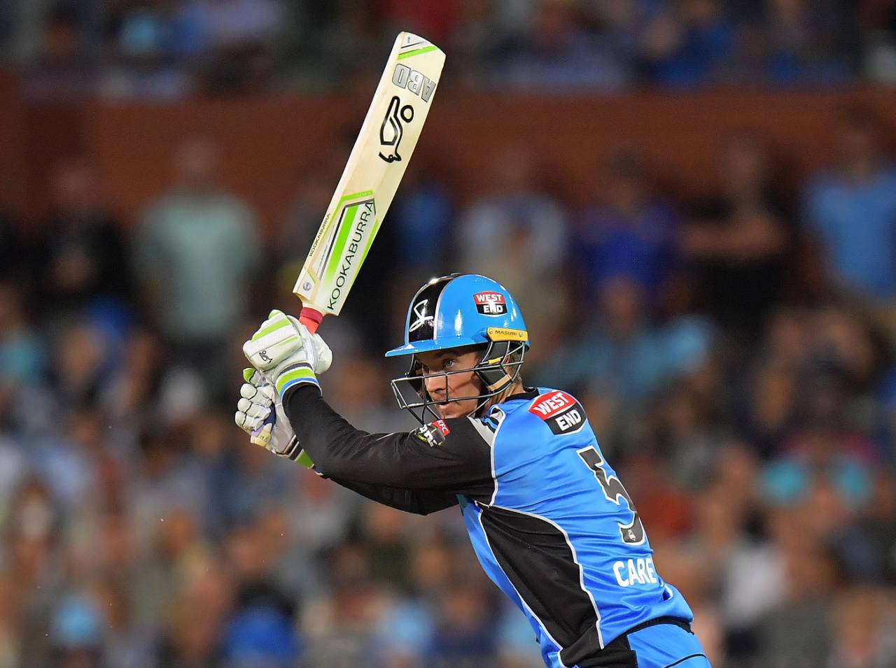 Alex Carey flays one through the off side en route to his half-century, Adelaide Strikers v Melbourne Stars, BBL 2017-18, Adelaide, January 9, 2018