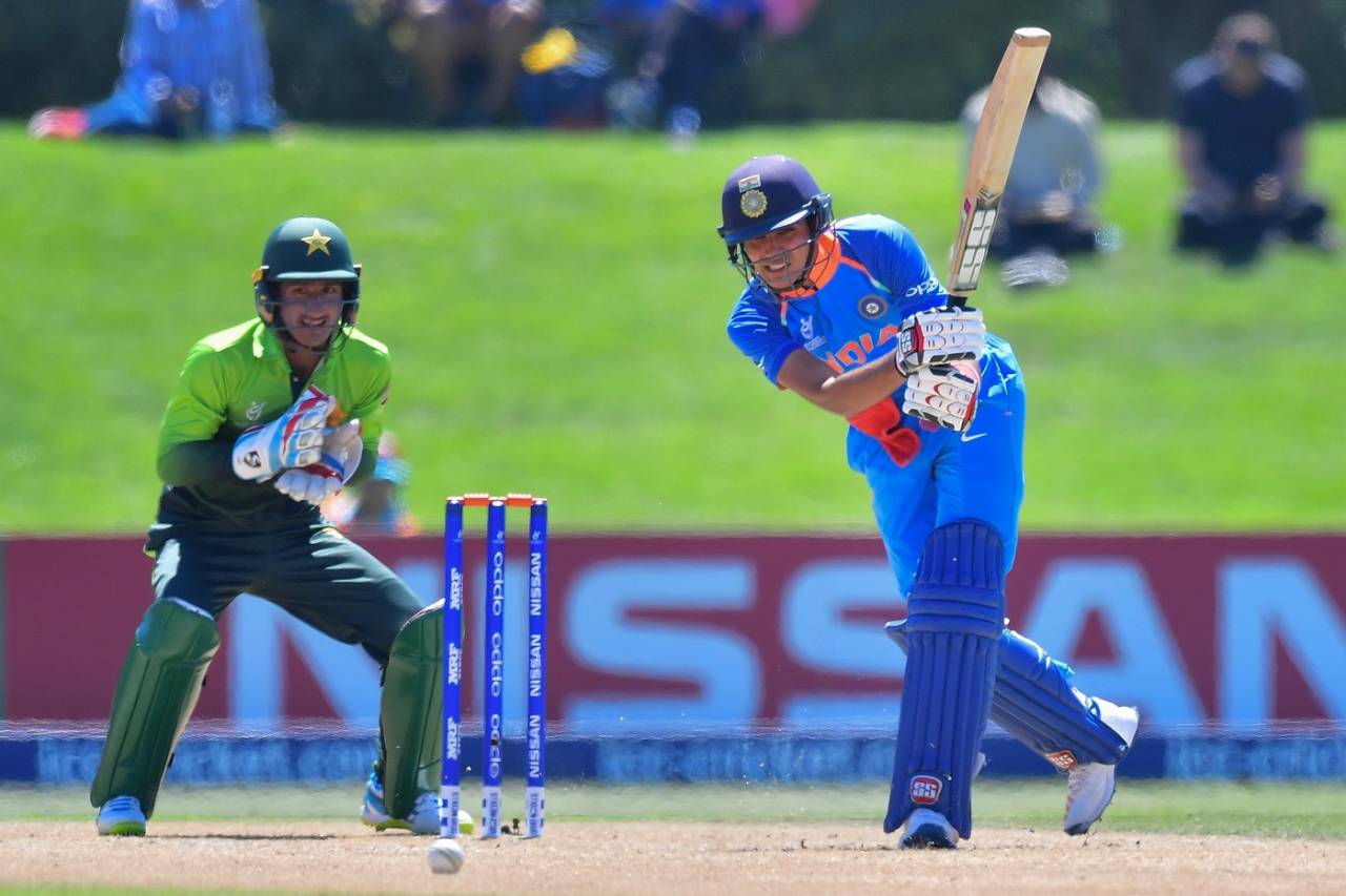 Shubman Gill drills one through the off side, Pakistan v India, U-19 World Cup semi-final, Christchurch, January 30, 2018
