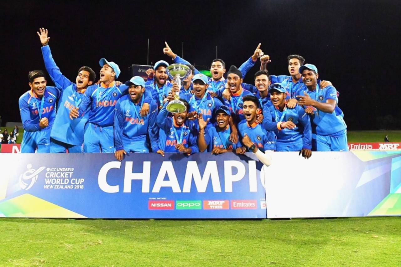 The victorious Indian team celebrate with the trophy, Australia v India, Under-19 World Cup, final, Mount Maunganui, February 3, 2018