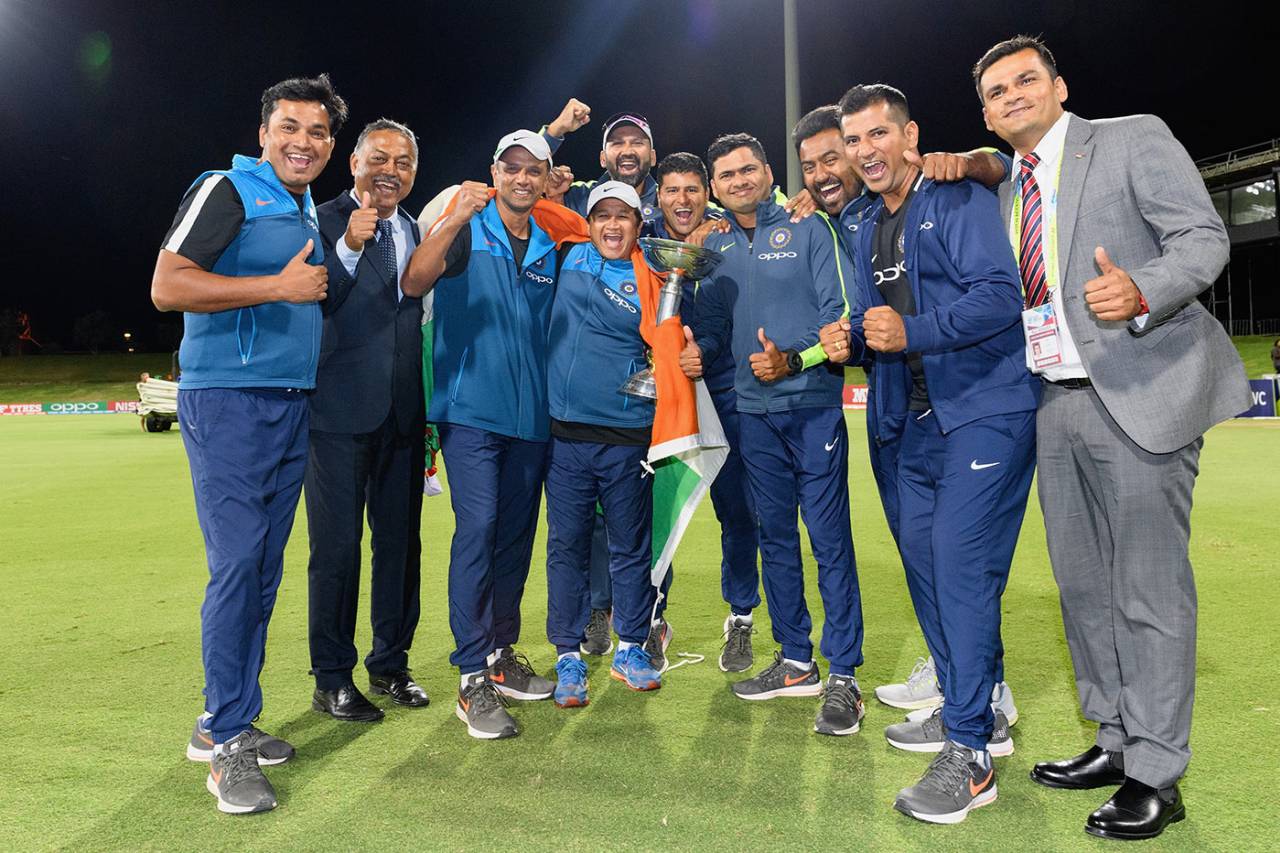 Behind every successful group of boys is a group of backroom boys: trainer Anand Date is fourth from right, and physio Yogesh Parmar to his right. Bowling coach Paras Mhambrey is at the back, centre&nbsp;&nbsp;&bull;&nbsp;&nbsp;ICC/Getty Images