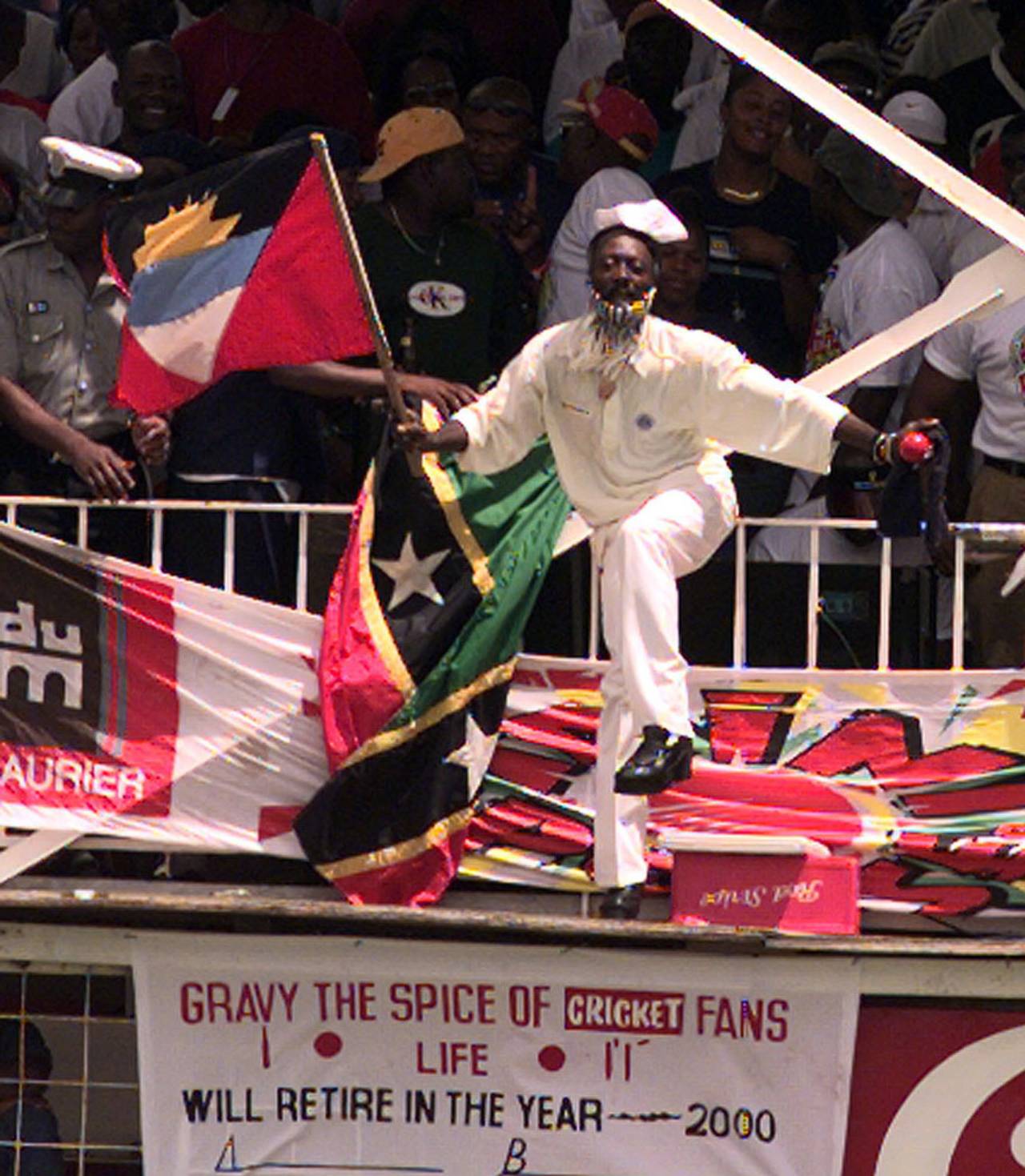 Gravy dances on a platform at the Antigua Rec, West Indies v England, 6th Test, Antigua, 2nd day, March 21, 1998 