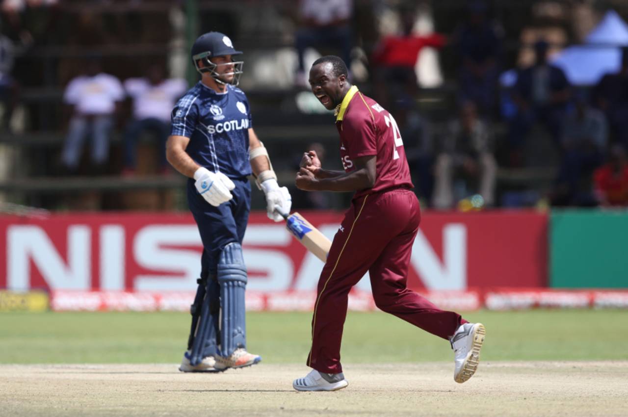 Kemar Roach celebrates the wicket of Kyle Coetzer , West Indies v Scotland, ICC Cricket World Cup Qualifier, Harare, March 22, 2018
