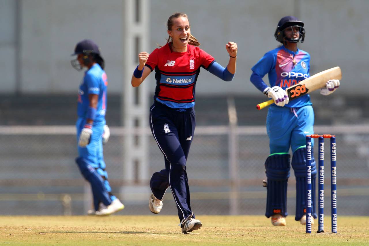 Tash Farrant is thrilled after dismissing Mithali Raj, India v England, Tri-Nation Women's T20 Series, Mumbai, March 25, 2018