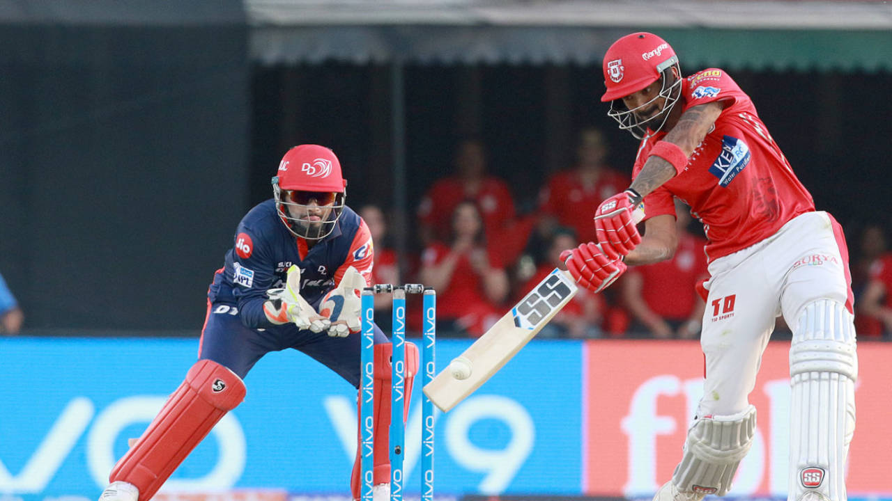 KL Rahul makes room to go over the off side, Kings XI Punjab v Delhi Daredevils, IPL 2018, Mohali, April 8, 2018