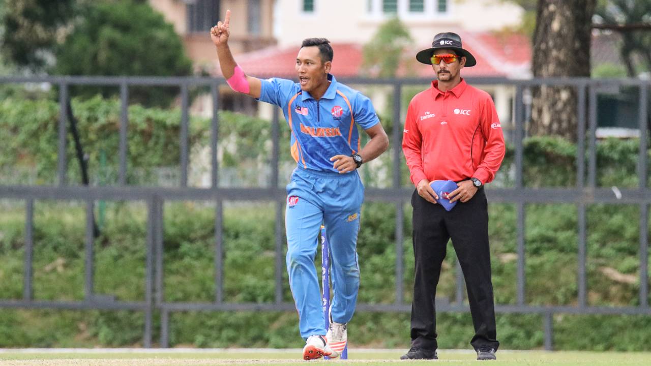 Mohammad Shukri celebrates after the square leg umpire confirms a stumping for a wicket, Malaysia v Vanuatu, ICC World Cricket League Division Four, Kuala Lumpur, April 30, 2018