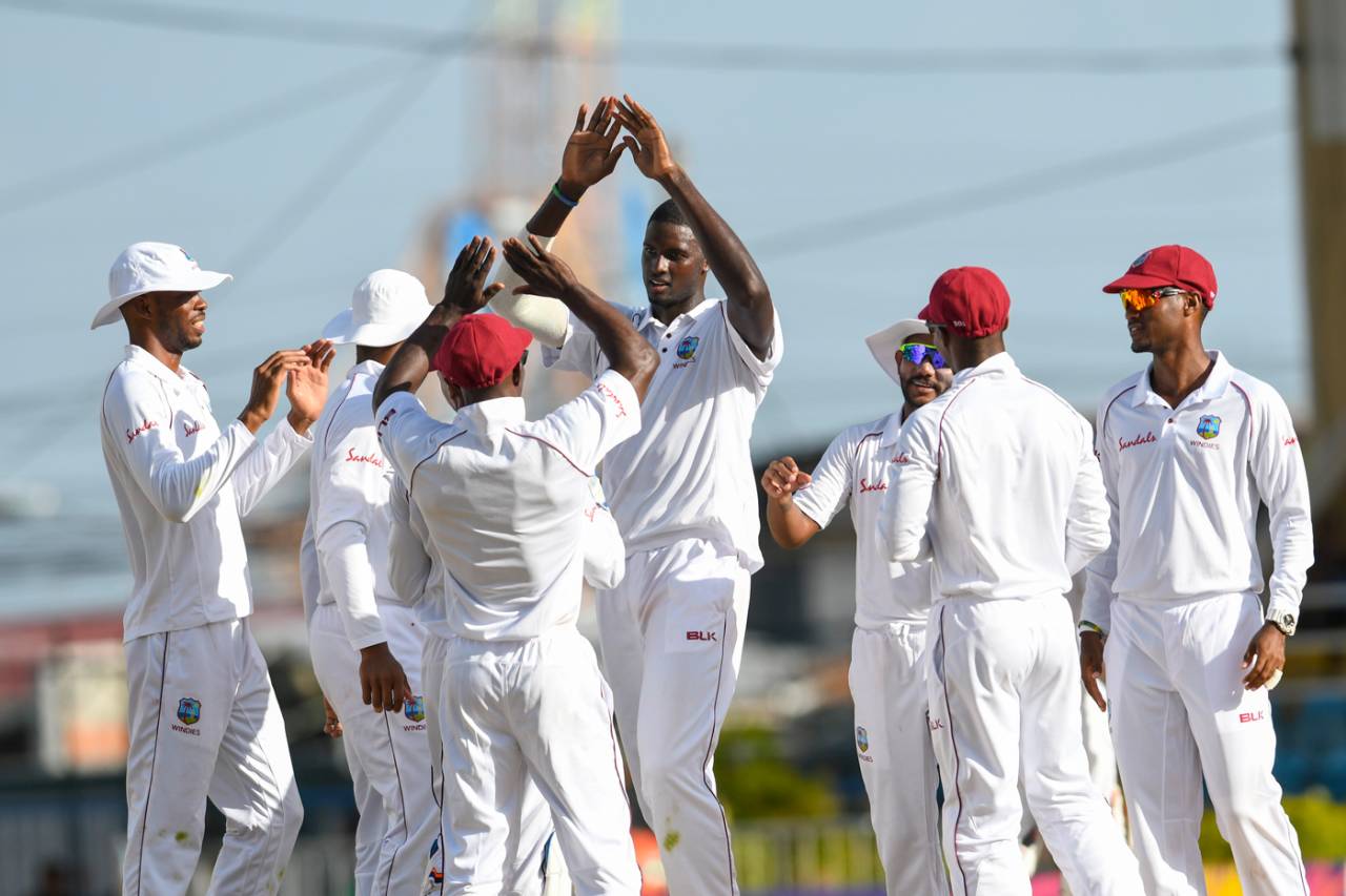 Jason Holder celebrates a dismissal with his team-mates, West Indies v Sri Lanka, 1st Test, Port of Spain, 4th day, June 9, 2018