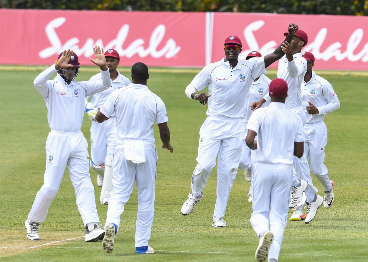 Jason Holder and the West Indies players celebrate a wicket, West Indies v Sri Lanka, 2nd Test, Gros Islet, 1st day, June 15, 2018