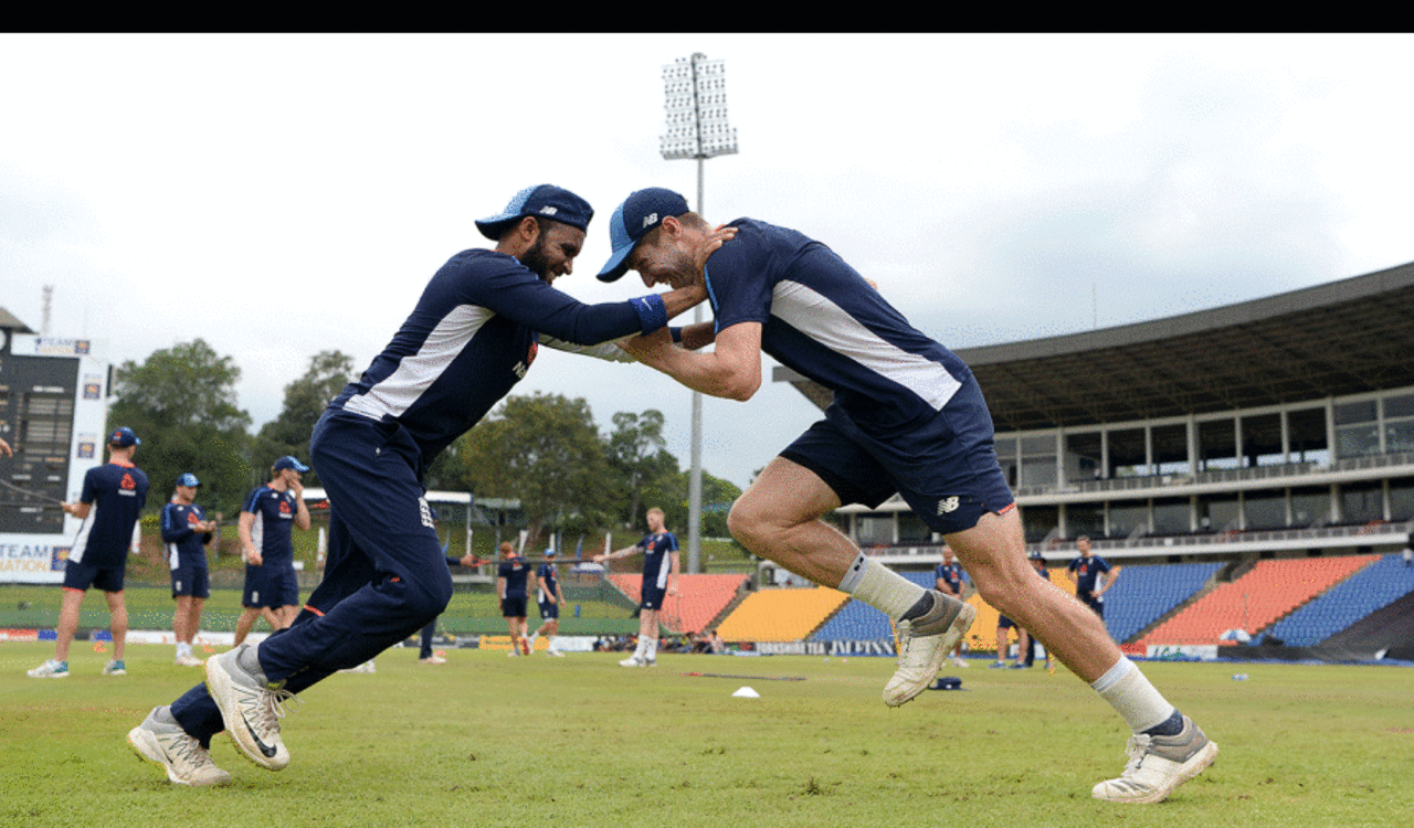 Adil Rashid and Chris Woakes in training, Pallekele, October 19, 2018